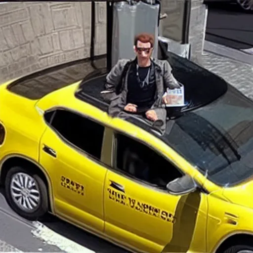 Prompt: golem driving a new york yellow taxi, picking up elon musk at the airport