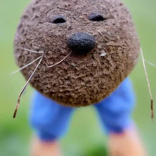 Prompt: photo of a small round creature made of dirt with round blue eyes and a round clown nose and a cute smile