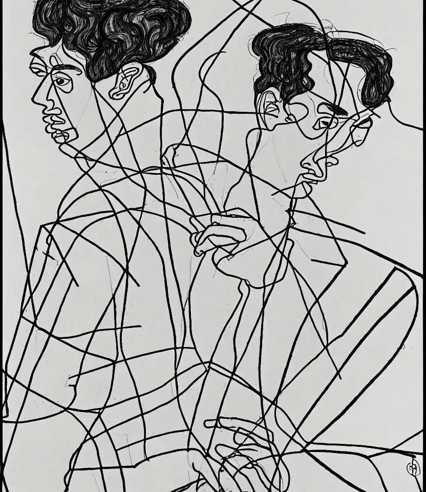 Prompt: detailed line art portrait of henri cartier - bresson, inspired by egon schiele. caricatural, minimalist, bold contour lines, musicality, soft twirls curls and curves, confident personality, raw emotion