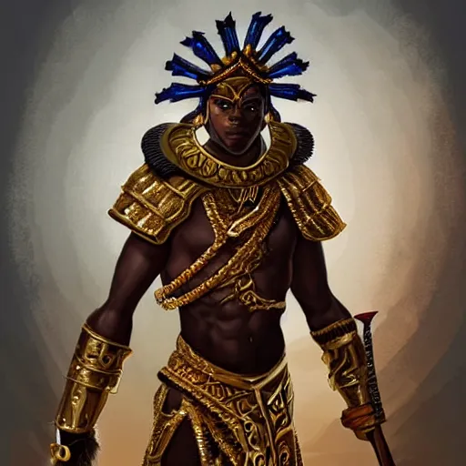 Prompt: a young black boy dressed like an african moorish warrior, wearing golden armor and a crown with a ruby and a black diamond in his forehead, posing with a very ornate glowing electric spear!!!!!!!!, for honor character digital illustration portrait design, by noah bradley in a dark fantasy style, dramatic lighting, hero pose, wide angle dynamic portrait