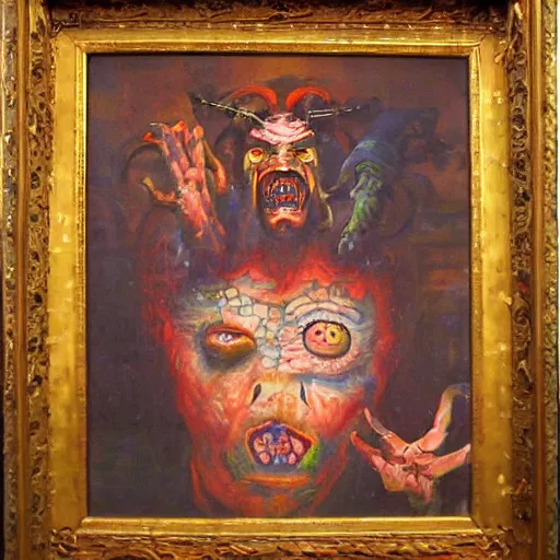 Image similar to portre of an autistic demon on acid, masonic and kabalistic symbols in background, oil painting