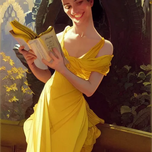 Prompt: a smiling beautiful woman wearing a yellow dress and reading a book, masterpiece, intricate, elegant, highly detailed, digital painting, artstation, concept art, smooth, sharp focus, illustration, art by artgerm and greg rutkowski and alphonse mucha and uang guangjian and gil elvgren and sachin teng, symmetry!!