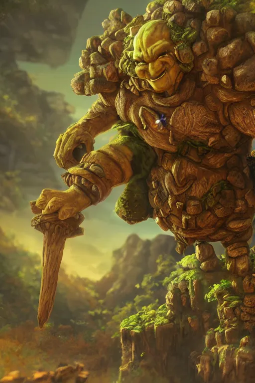 Image similar to zelda fantasy art giant golem troll wood rock greeble gemstone, global illumination ray tracing hdr fanart arstation by sung choi and eric pfeiffer and gabriel garza and casper konefal