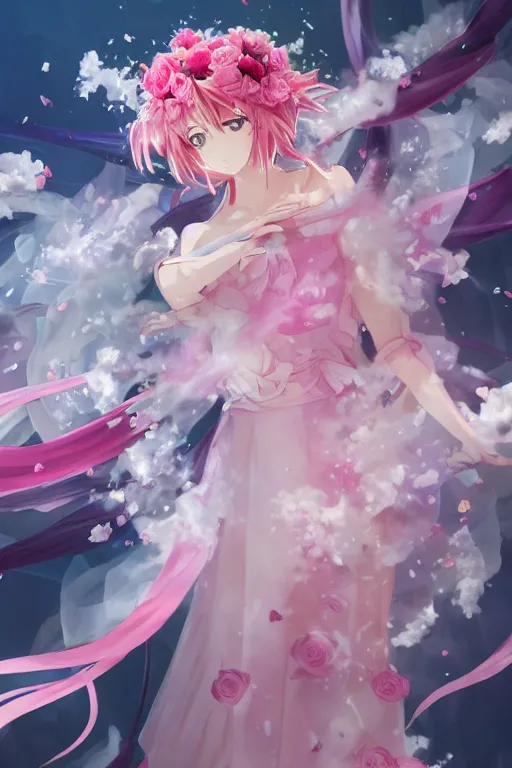 Image similar to anime still, magic invisible blades slicing through a bouquet of white and pink roses, flowers exploding and spraying, big puffy clouds, large rose petals, lotus petals, large polygonal background elements, large polygons, dramatic anime, dramatic lighting, artgerm, manga, trending on artstation, art nouveau, mature colors