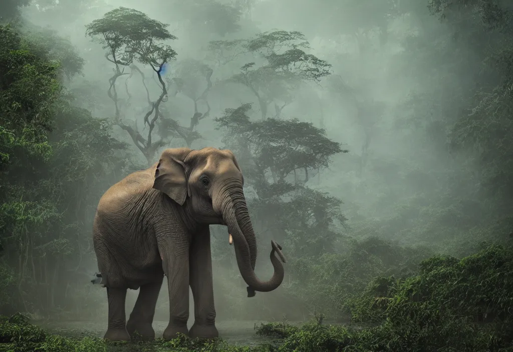 Image similar to an enormous charging elephant king, in a jungle with ominous light from above, ambient light, fog, river, very poetic