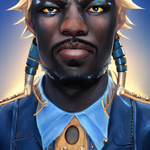 Image similar to african american man with blue eyes, blonde hair, blue horns, wearing steampunk attire, highly detailed, digital painting, artstation, matte, by makoto shinkai, animation style