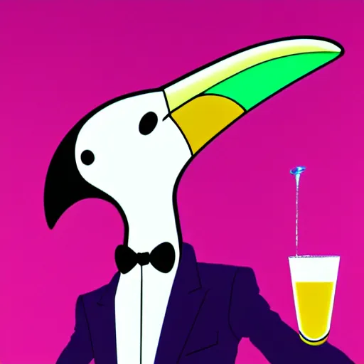 Image similar to toucan-headed man wearing an open pink suit vest and a white shirt having a drink at a bar, vaporwave