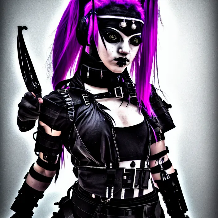 Image similar to photo of a real - life beautiful cybergoth warrior, 8 k, hdr, smooth, sharp focus, high resolution, award - winning photo