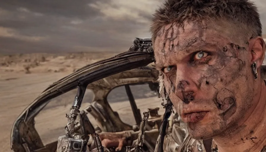 Image similar to Coma-Doof Warrior from Mad Max Fury Road, movie still, sharp, highly detailed, hollywood movie