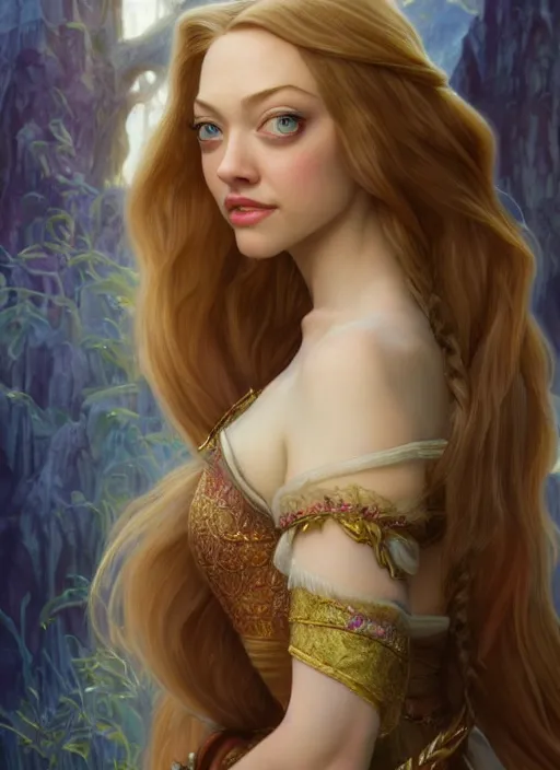 Image similar to beautiful young happy amanda seyfried as the rapunzel princess, closeup, d & d, fantasy, intricate, elegant, highly detailed, digital painting, artstation, concept art, matte, sharp focus, illustration, art by artgerm and greg rutkowski and alphonse mucha