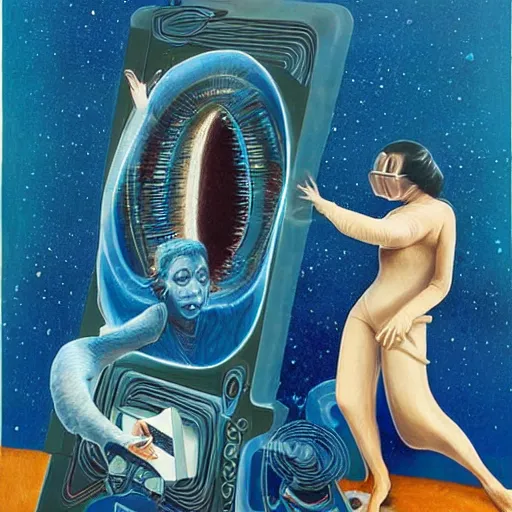 Prompt: A performance art. A rip in spacetime. Did this device in her hand open a portal to another dimension or reality?! warm blue by Robert Williams unified, depressing