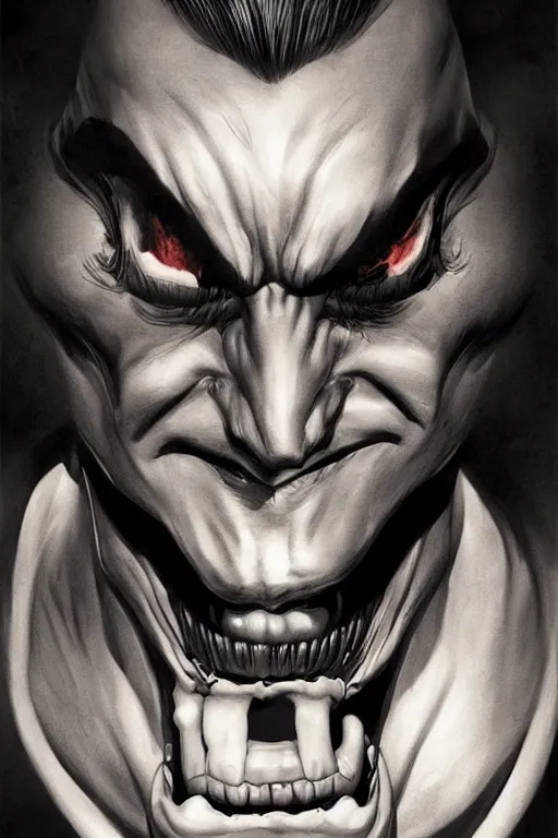 Image similar to aesthetic digital portrait of a handsome young man with a sinister grin by brian bolland, rachel birkett, alex ross, and neal adams | dark, intimidating, imposing, portrait, character concept, concept art, unreal engine, finalrender, centered, deviantart, artgerm