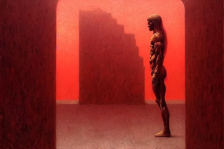 Image similar to only with red, caesar after war, the great deal, a red tiger, in hoc signo vinces, rome in background, an ancient path, in the style of beksinski, part by hopper, part by rodcenko, part by hofbauer, intricate composition, red by caravaggio, insanely quality, highly detailed, masterpiece, red light, artstation