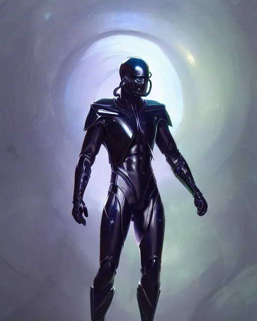 Image similar to character concept of iridescent sinewy smooth muscular male sleek glossy indigo black pearlescent scifi armor with smooth black faceless featureless helmet, by greg rutkowski, mark brookes, jim burns, tom bagshaw, magali villeneuve, trending on artstation