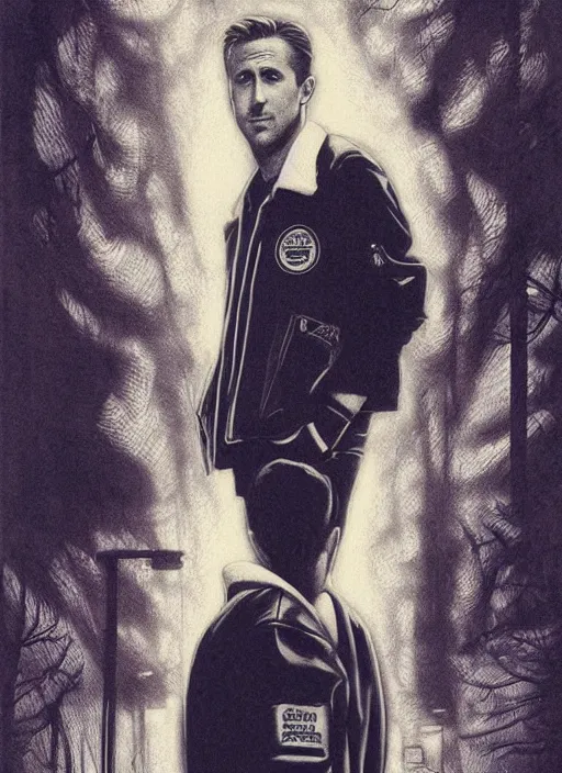 Image similar to ryan gosling in letterman jacket, twin peaks poster art, by michael whelan, rossetti bouguereau, artgerm, retro, nostalgic, old fashioned, 1 9 8 0 s teen horror novel cover, book