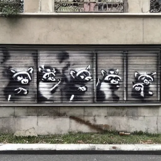 Prompt: a gang of raccoons destroying the city in the style of banksy, trending on ArtStation