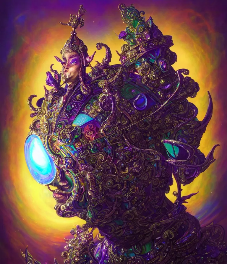 Image similar to front shot of a court jester character, hyperdimensional, bioluminescent hypercubes, dark holography!!!, sunset psychedelic, chrome, (((intricate))), elegant, highly detailed, centered, (((artstation, concept art, smooth, sharp focus, artgerm, Tomasz Alen Kopera, Peter Mohrbacher, donato giancola, Joseph Christian Leyendecker, WLOP, Boris Vallejo))), mugshot!!!!!, ugly!!!!!!, octane render, nvidia raytracing demo, octane render, nvidia raytracing demo, octane render, nvidia raytracing demo, grainy, muted, 8K, digitalblasphemy, metatron