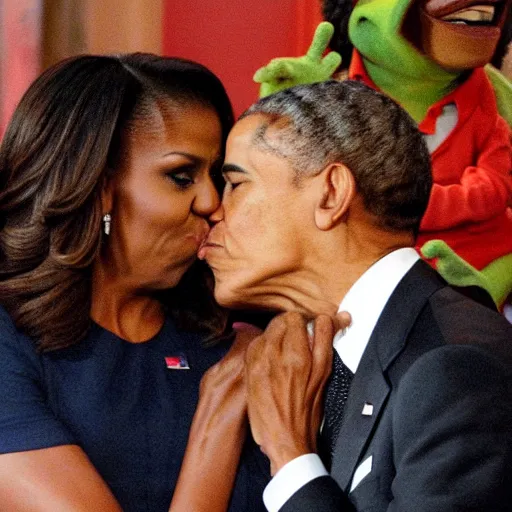 Prompt: Kermit and Obama kissing, Michelle Obama is in the background horrified