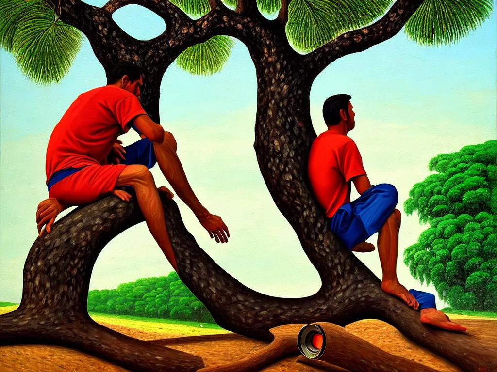 Prompt: painting of one man from brazil, sitting on a tree trunk, looking to the left with binoculars, trending on deviantart, ultra realism, sharp focus, neorealism, 4 k, octane, masterpiece, art by candido portinari