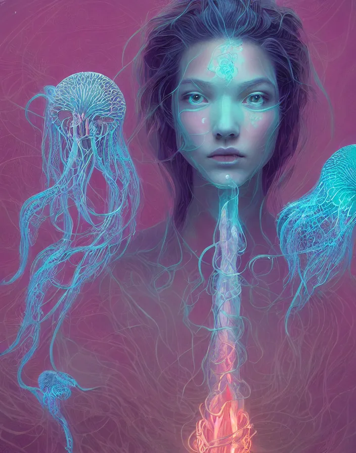 Image similar to goddess portrait. jellyfish orchid phoenix head. intricate artwork by Tooth Wu and wlop and beeple and dan mumford. octane render, trending on artstation, greg rutkowski very coherent symmetrical artwork. cinematic, hyper realism, high detail, octane render, 8k, depth of field, bokeh