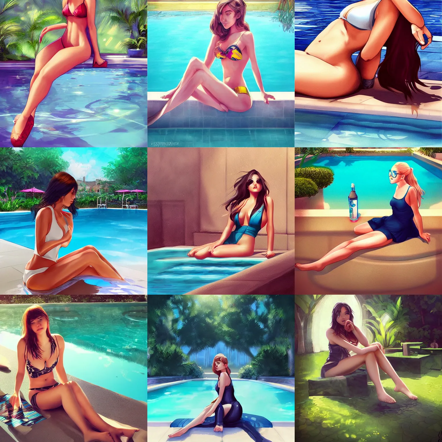 Prompt: beautiful girl sitting by a pool, in the style artgerm, digital art, trending