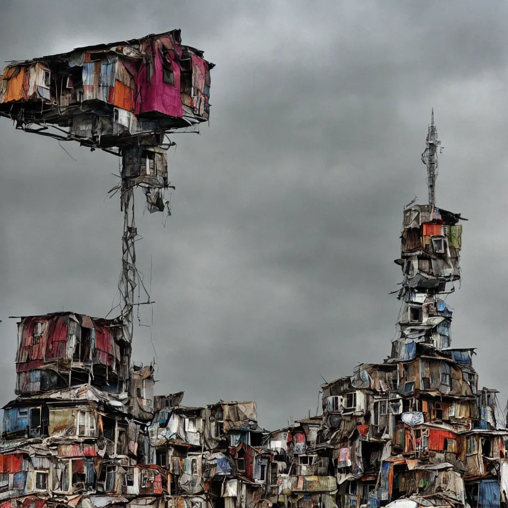 Image similar to close - up view of a tower made up of colourful makeshift squatter shacks, bleached colours, moody cloudy sky, dystopia, mamiya, f 1 1, very detailed, photographed by bruno barbey