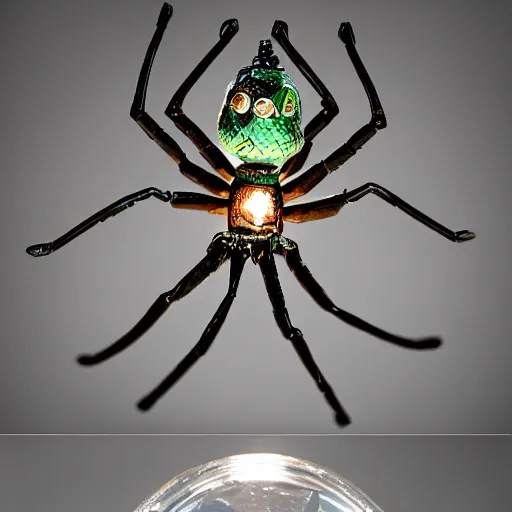 Prompt: a metal spider with a gnome snow globe head, professional lighting