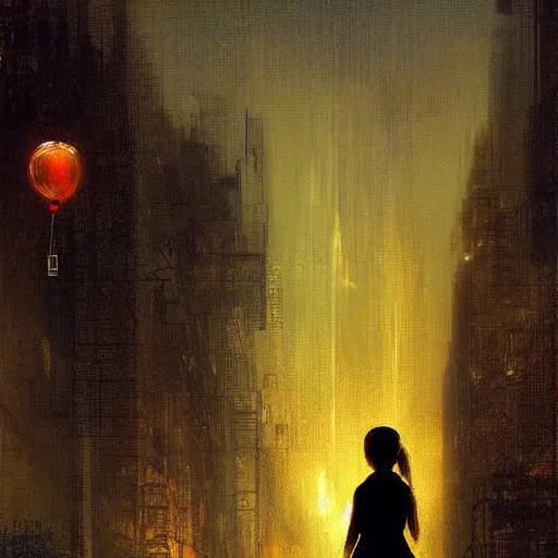 Prompt: digital art cyberpunk cityscape nighttime silhouette of young girl holding balloon in the foreground painted by turner 1860