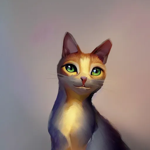 Prompt: high quality detailing concept art portrait painting of cat wearing dress in the style of pixar, disney, perfect lighting, by rembrandt