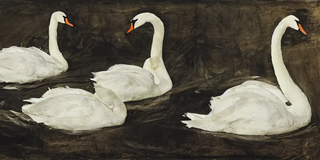 Prompt: three swans,all mixed together, melted. feathers. dark atmosphere, dark space. messy image. by andrew wyeth, jenny saville and nicola samori
