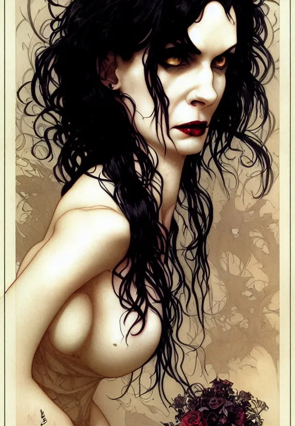 Image similar to perky character death from comic book the sandman by neil gaiman, fantasy magic, dark light night, intricate, elegant, sharp focus, illustration, highly detailed, digital painting, concept art, matte, art by wlop and artgerm and greg rutkowski and alphonse mucha, masterpiece