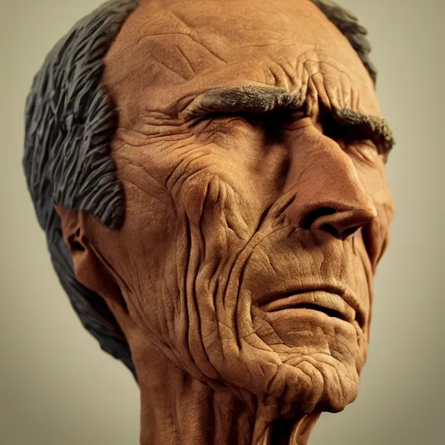 Image similar to photography of a sculpture of Clint Eastwood wrinkled face made of clay by Sebastian Kruger and Michelangelo, 50mm, studio atmosphere, 8K, rim light, octane render, ultra-realistic