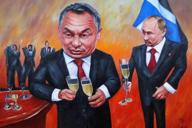 Image similar to viktor orban drinking champagne with putin in front a burning city, highly detailed face, oil painting