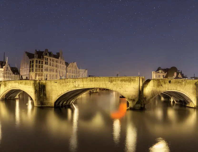 Image similar to close view of a bridge over water in gent belgium at night, peaceful and serene, incredible perspective, soft lighting, anime scenery by makoto shinkai and studio ghibli, very detailed