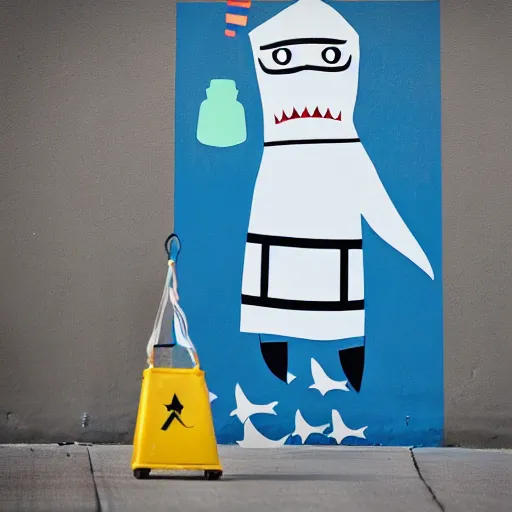 Image similar to Shark in a janitor outfit painting