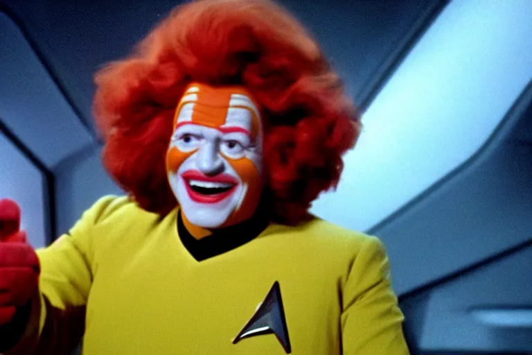 Image similar to A film still of Ronald McDonald in a Star Trek: The Next Generation, sitting in Ten Forward, dramatic lighting