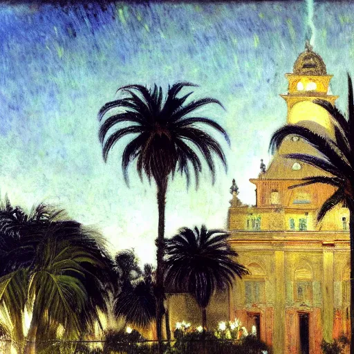 Prompt: a ultradetailed beautiful painting of the night on the amazonas palace by jules bastien - lepage, hans belmer, frank weston and gustave baumann, trending on artstation, mediterranean, palm trees, light sparkles, sharp focus, soft light, 8 k 4 k