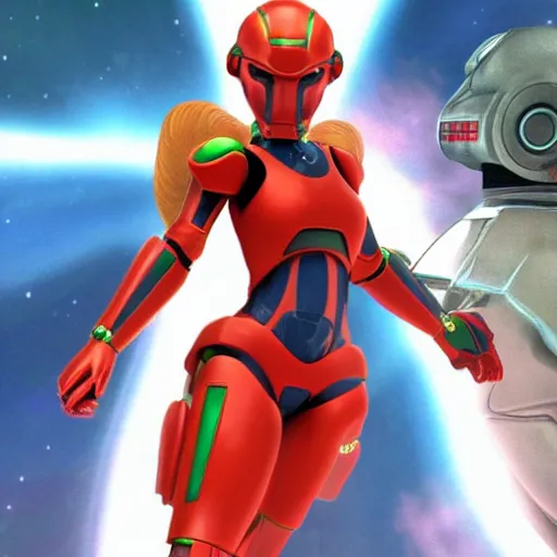 Image similar to natalie portman in the suit of Samus Aran from Metroid. She is fighting darth vader next to the Sun. Very emotional. Ultra high quality, very detailed. 8k. Trending on art station