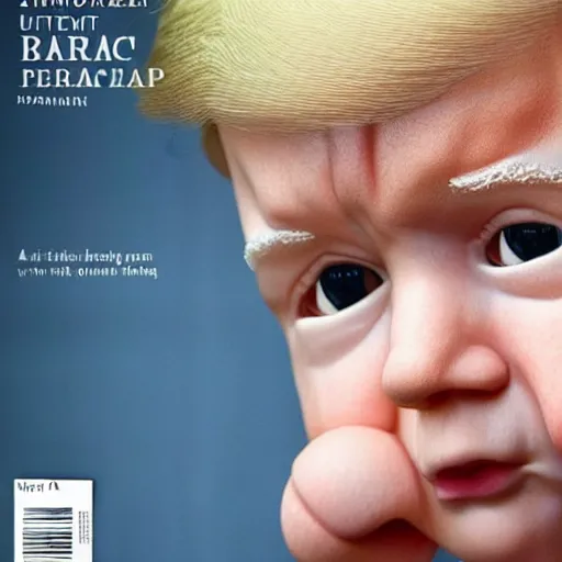 Image similar to photorealistic still portrait photograph of donald trump looking at the camera, diaper baby outfit, depth of field, soft focus, highly detailed, intricate, realistic, national geographic cover, textured detailed skeleton, time magazine cover, dark studio background