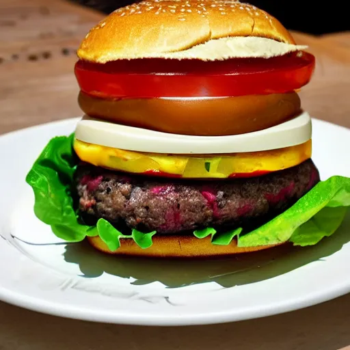 Image similar to patriot burger, a burger filled with lettuce, patty, ketchup, fried american flag, pickle, mayonnaise