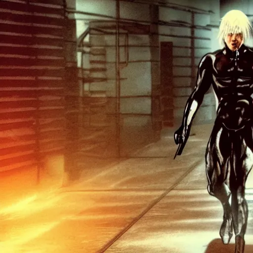 Image similar to Metal Gear Revengeance Raiden as The American Psycho, cinematic still, sweating hard
