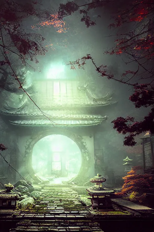 Prompt: a portal to another dimension, a decaying japanese temple, stunning atmosphere, art by emmanuel shiu