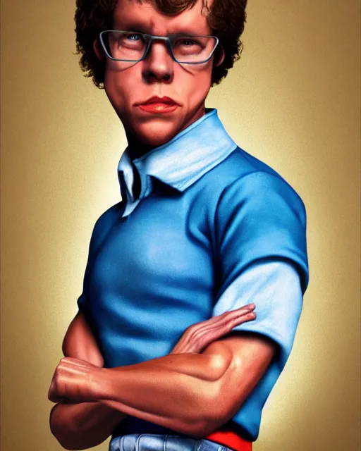 Image similar to character portrait of napoleon dynamite with the body of arnold schwarzenegger, 8 k, ultra realistic, photorealistic, fine details