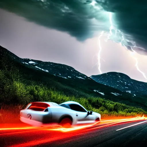 Image similar to nightmarish creatures rushing towards car, black pontiac firebird trans - am driving towards the camera, norway mountains, red glow in sky, valley, large lake, dynamic, cinematic, motionblur, volumetric lighting, wide shot, low angle, large lightning storm, thunder storm