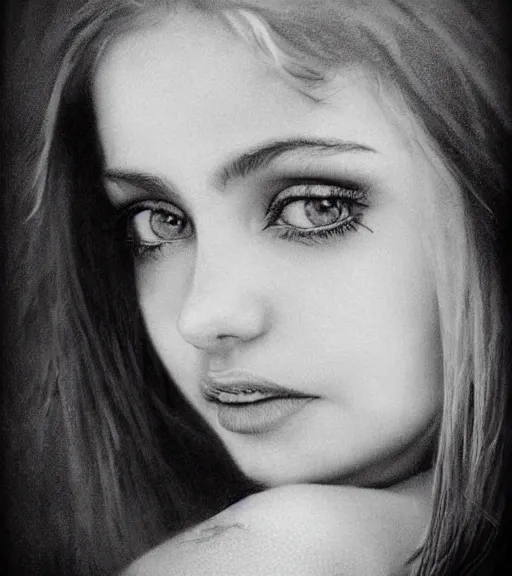 Image similar to a beautiful girl portrait, faded mountain background, realism tattoo, in the style of den yakovlev, black and white, hyper realistic, highly detailed