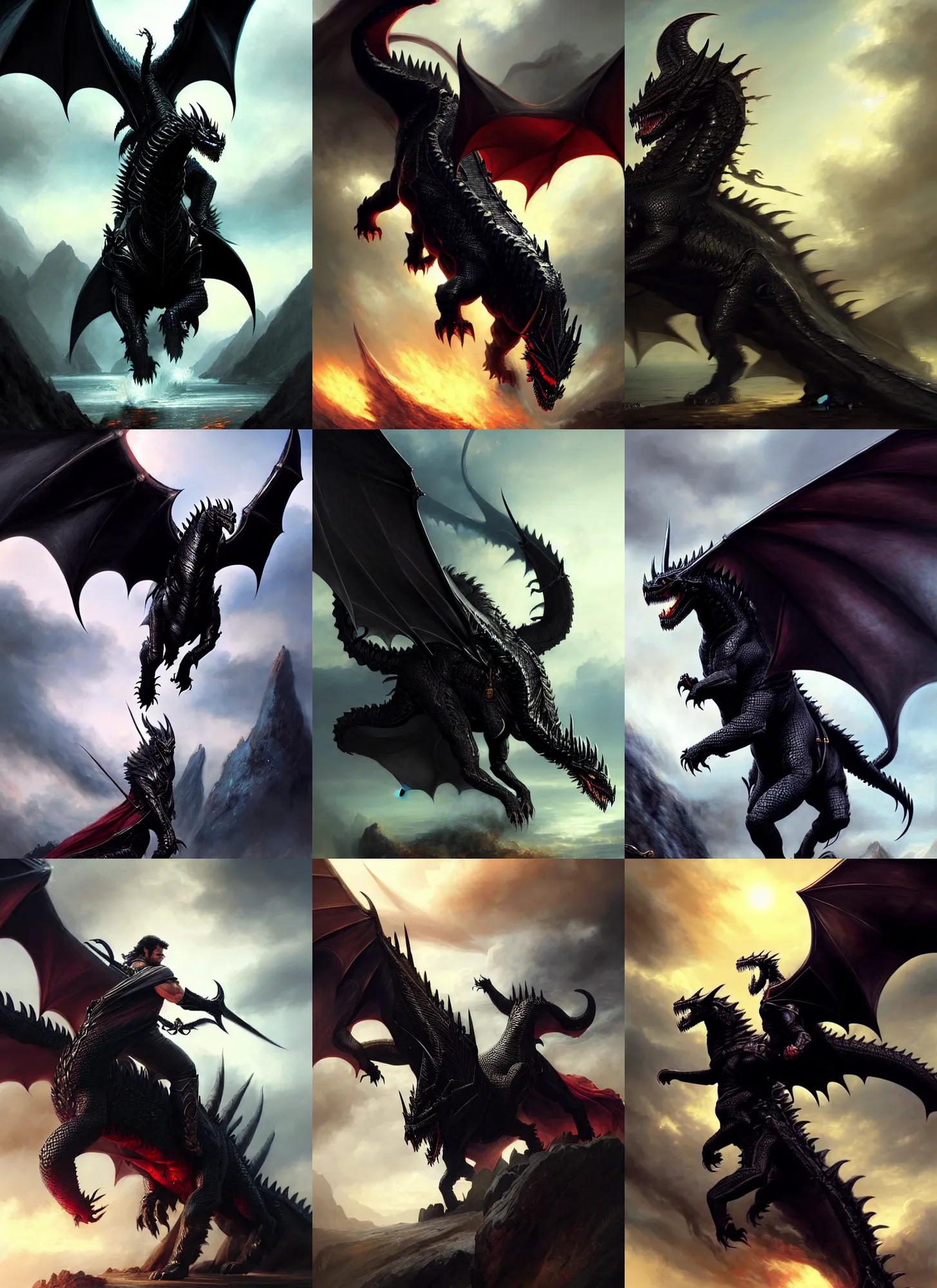 Prompt: Henry Cavill riding a massive black dragon, epic fantasy digital art by Eugene de Blaas and Ross Tran, vibrant color scheme, intricate detail, cinematic, artstation, Greg rutkowski, Artgerm