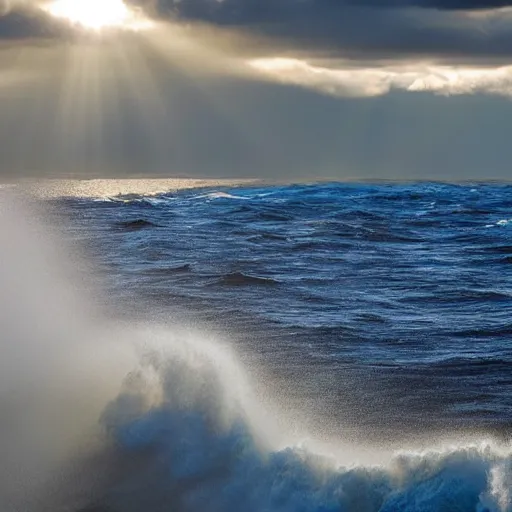 Image similar to a photo of a beam of light striking the ocean causing large waves, highly detailed