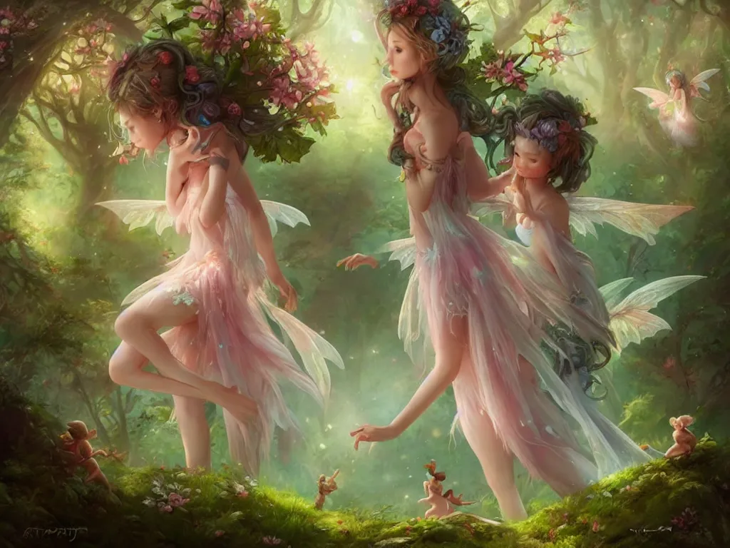 Image similar to two cute fairy in the dreamy forest, fantasy, dreamlike, 8 k resolution, hyper detailed, d & d, character design, digital painting, trending on artstation, sharp focus, illustration, art by artgerm, viktoria gavrilenko, hoang lap, fuji choko, steve zheng