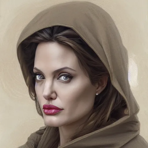 Image similar to Angelina Jolie, highly detailed, digital painting, artstation, concept art, smooth, sharp focus, illustration, ArtStation, art by artgerm and greg rutkowski and alphonse mucha and J. C. Leyendecker and Edmund Blair Leighton and Katsuhiro Otomo and Geof Darrow and Phil hale and Ashley wood and Ilya repin and Charlie Bowater