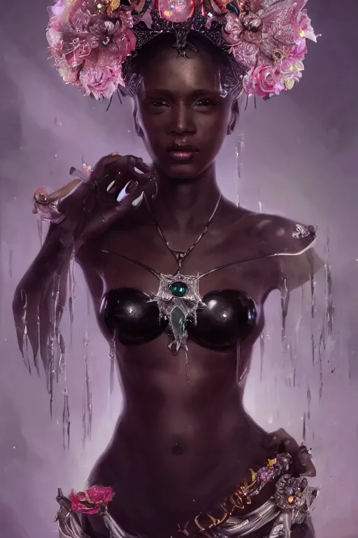 Image similar to beautiful black model wearing crystal crown full of jewels and blood, warhammer, cyberpunk, 3 d render, hyper realistic detailed portrait, holding magic flowers, scifi, fantasy, hyper detailed, octane render, concept art, peter mohrbacher, artgerm, ruan jia, wlop